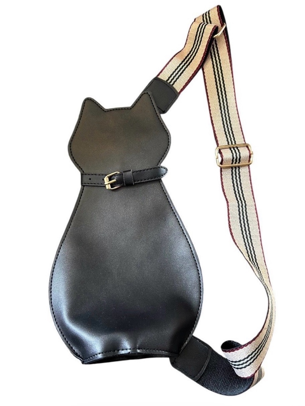 Black Cat-Shaped Crossbody Bag with Striped Strap
